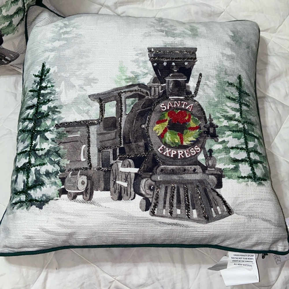 Nwt set of 2 Santa express train Christmas beaded holiday Feather Pillows